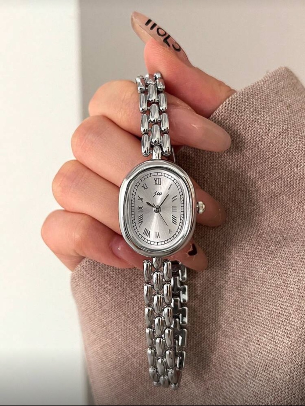 Silver Oval Link Bracelet Watch - Classic Roman Dial